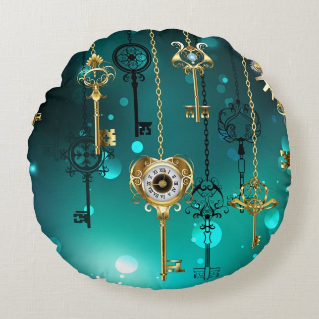 Coussins Ronds Skeleton Keys on Green Background (Devant)