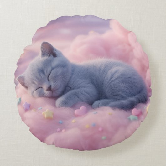 Coussins Ronds Sleeping Pastel Kitten on Fluffy Pink Clouds Art (Devant)