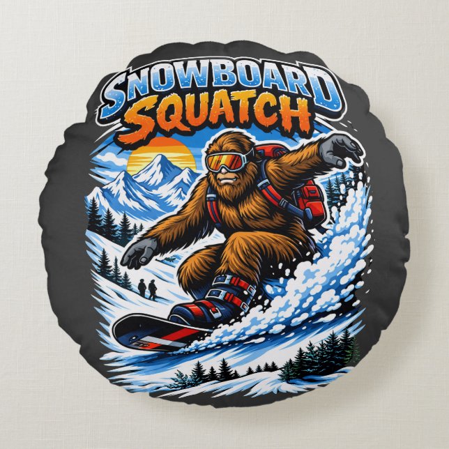 Coussins Ronds Snowboard Squatch – Funny Bigfoot Snowboarding  (Devant)