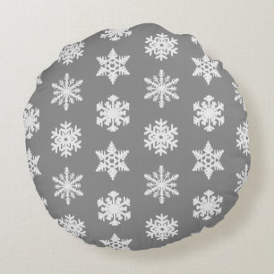 Coussins Ronds Snowflakes Ikat - Gris de charbon et blanc