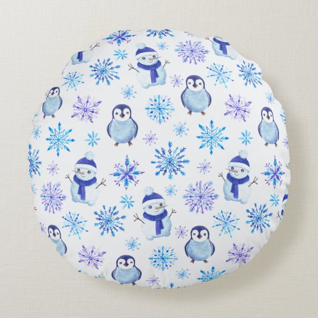 Coussins Ronds Snowflakes, Snowmen et Pingouins de Noël (Devant)