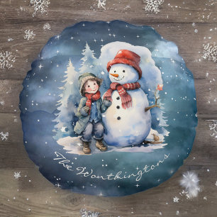 Coussins Ronds Snowman et garçon avec Écharpes Starry Night Monog