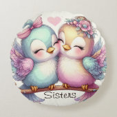 Coussins Ronds Soeurs aux oiseaux doux adorable Fille rose pastel (Devant)