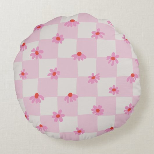 Coussins Ronds Soft Pink Daisy Checkerboard Floral Pattern (Dos)