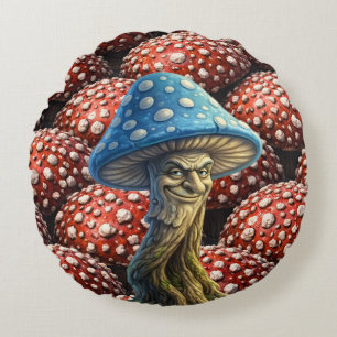Coussins Ronds Sorcier bleu, forêt fantaisiste champignon fantasq