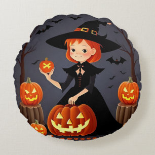 Coussins Ronds Sorcière d'Halloween avec citrouilles