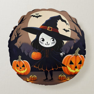 Coussins Ronds Sorcière d'Halloween avec des citrouilles