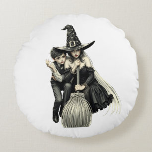 Coussins Ronds Sorcière et garçon d'Halloween : Duo magique sombr