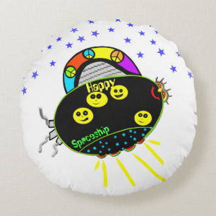 Coussins Ronds Sourire Alien Paix Espaceship Noir Étoiles Enfants