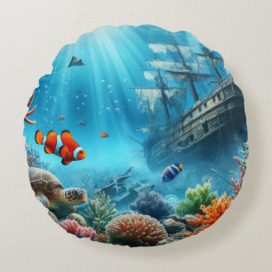 Coussins Ronds Sous la mer, tortue, corail, bateau, poisson clown