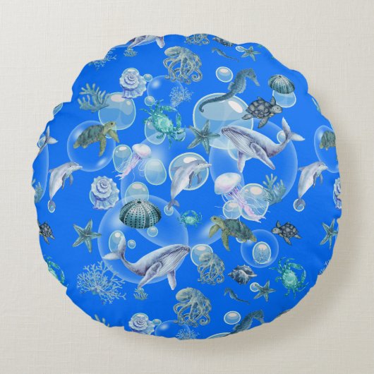 Coussins Ronds Sous l'Aquarelle bleu mer sur bleu | (Devant)