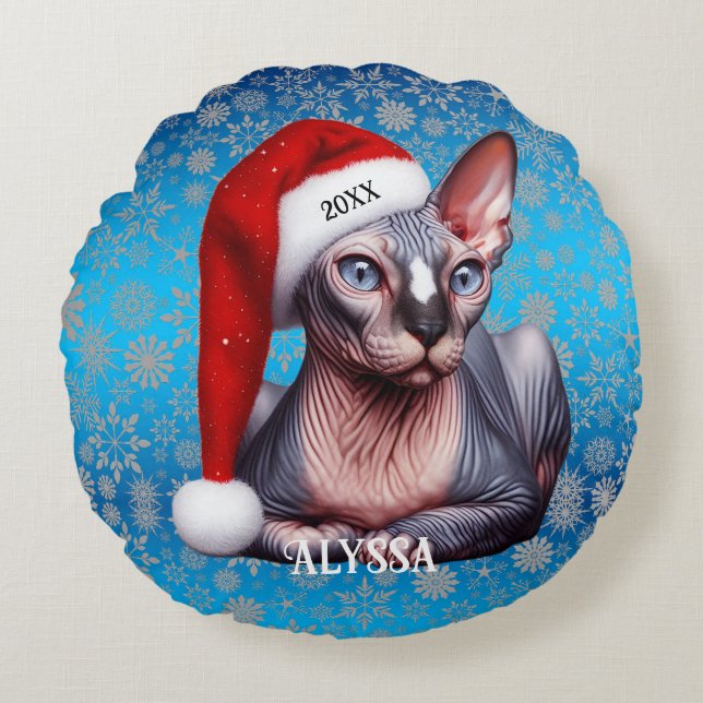 Coussins Ronds Sphynx Chat Pretty Blue Noël (Devant)