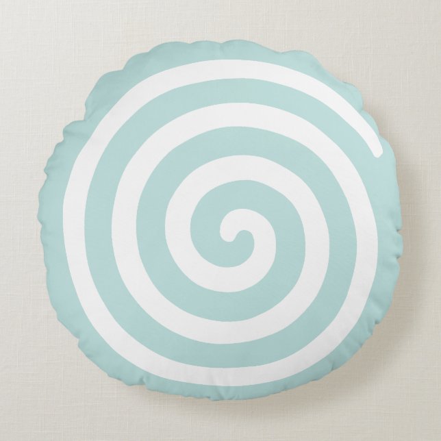 Coussins Ronds Spirale Abstraite en bleu clair et blanc (Devant)