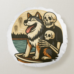Coussins Ronds Squelette avec chien sur l'art horrifique du lac h