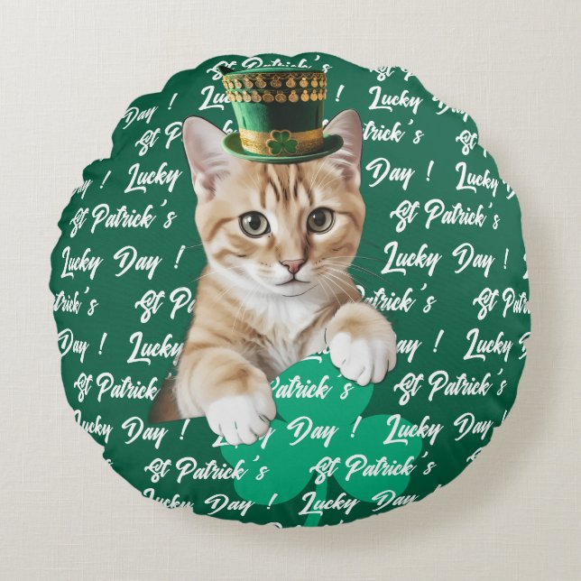 Coussins Ronds St Patrick's Lucky Day Cute Cat Leprechaun Hat, (Devant)