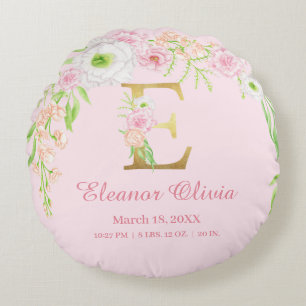 Coussins Ronds Statistiques de bébé à monogramme floral élégant