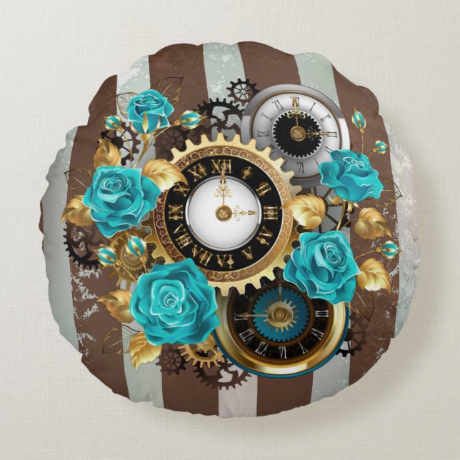 Coussins Ronds Steampunk Clock and Turquoise Roses on Striped (Devant)