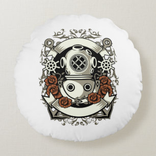Coussins Ronds Steampunk Victorian Deep Sea Diver Roses rouges