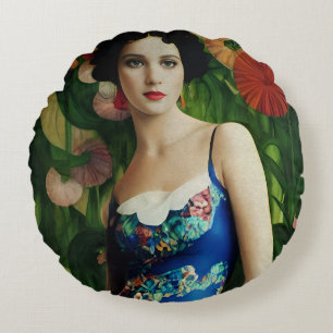 Coussins Ronds Style Art Déco Elégant Femme avec Grandes Fleurs A