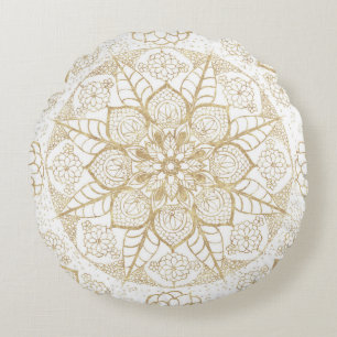 Coussins Ronds Style Boho Blanc Or Mandala Floral
