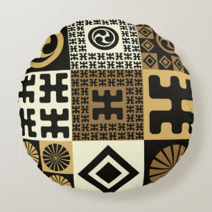 Coussins Ronds Style japonais, or noir sans couture motif.