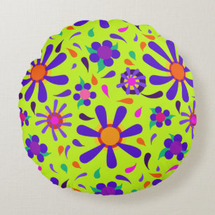 Coussins Ronds Style MOD Fleurs violettes sur Peridot Green
