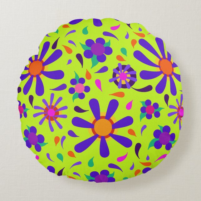 Coussins Ronds Style MOD Fleurs violettes sur Peridot Green (Devant)