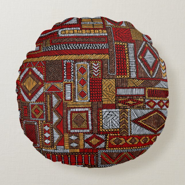 Coussins Ronds Style Patchwork Impression ethnique brodée (Devant)
