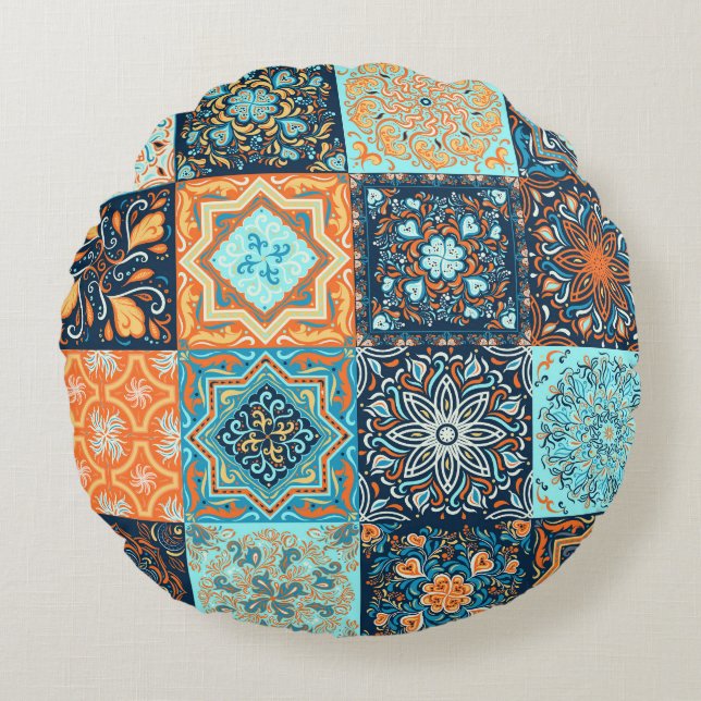 Coussins Ronds Style Patchwork : Ornements Carrés décoratifs (Devant)