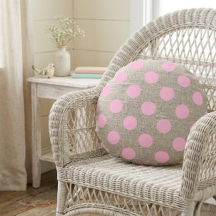 Coussins Ronds Style Vintage Points Roses sur Toile de Jute