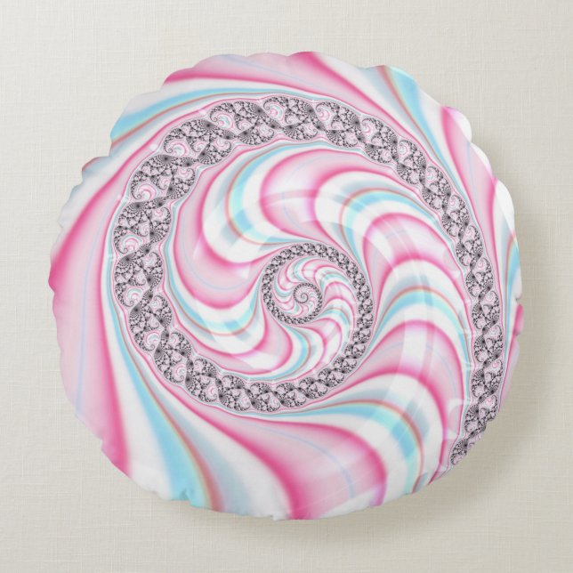 Coussins Ronds Sucre de canne bleu rose pastel Spiral Fractal (Devant)