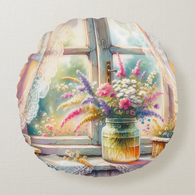 Coussins Ronds Sunlit Cottage Window Wildflowers (Devant)