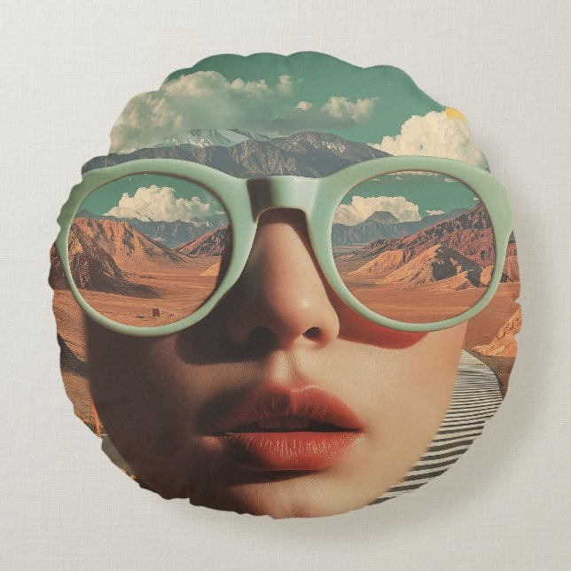 Coussins Ronds Surreal Portrait With Glasses Reflecting Desert (Devant)