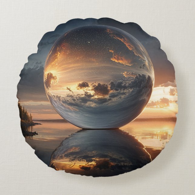 Coussins Ronds Surreal Reflective Sphere With Sunset Clouds Over  (Devant)
