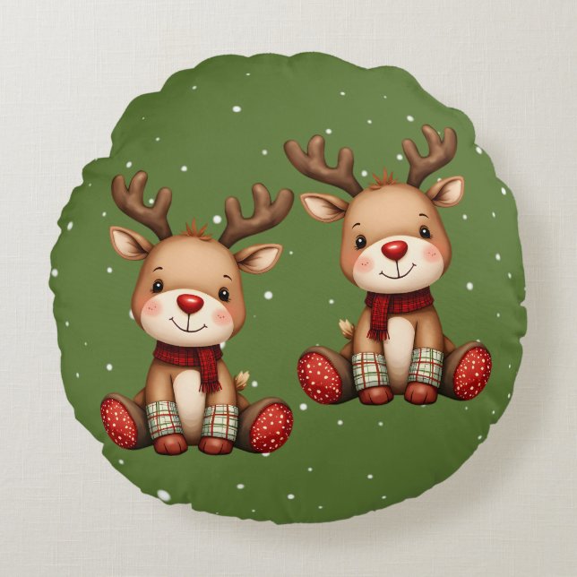 Coussins Ronds Sweet Reindeer Pair in Holiday Snowfall (Devant)