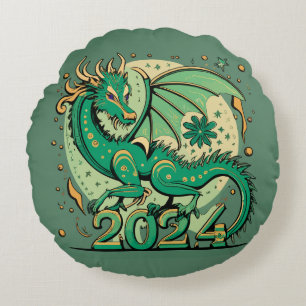 Coussins Ronds Symbole 2024 Nouvel An, Dragon de Bois Vert