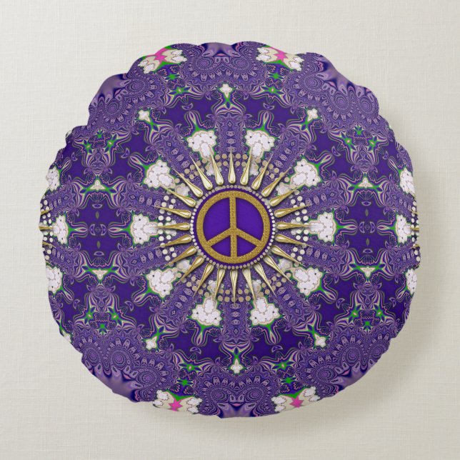Coussins Ronds Symbole de paix violet et or Mandala (Devant)