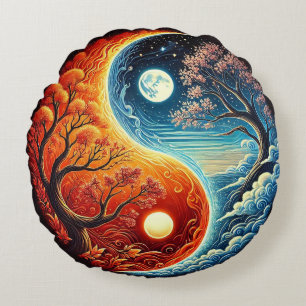 Coussins Ronds Symbole Intriqué du Yin-Yang Illustrant le Feu et