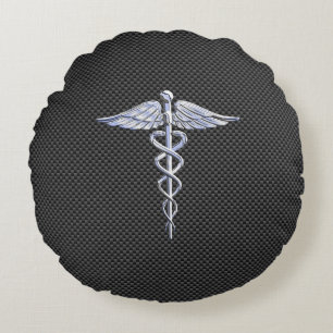 Coussins Ronds Symbole Médicale Chrome Caduceus Fibre de carbone