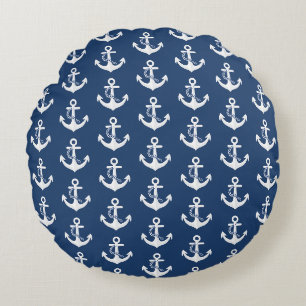 Coussins Ronds Symbole nautique d'ancre Classique Blanc Bleu mari