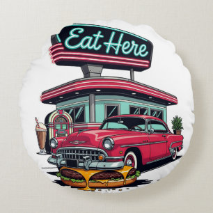 Coussins Ronds T-shirt de burger de voiture classique Diner Rétro