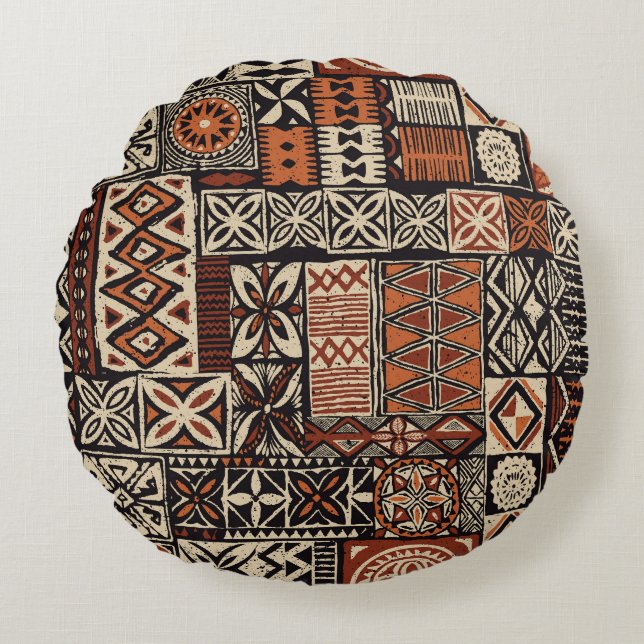 Coussins Ronds Tapa hawaïen : Patchwork tribal (Devant)