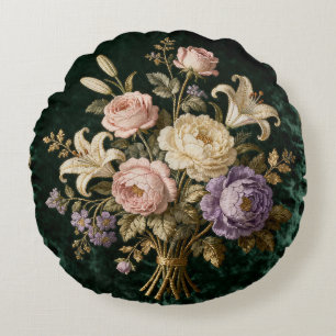 Coussins Ronds Tapisserie de bouquet de roses de style antique