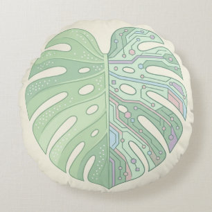Coussins Ronds Tapisserie de feuille de Monstera de circuit cyber