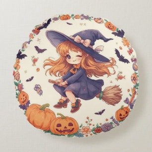 Coussins Ronds Tapisserie ronde de sorcière volante Halloween