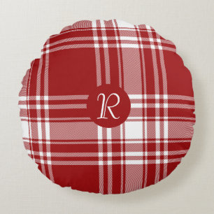 Coussins Ronds Tartan Plaid Rouge Blanc Monogramme Noël
