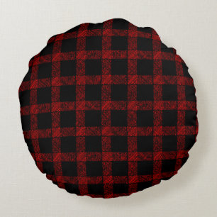 Coussins Ronds Tartan rouge rustique et noir avec lignes gaufrées