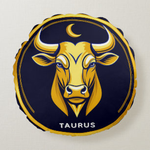 Coussins Ronds Taureau doré dans un cercle zodiacal cosmique