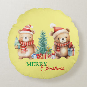 Coussins Ronds Teddy Bear Père Noël Red Green Joyeux Noël Party