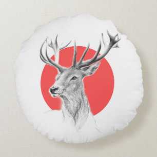 Coussins Ronds Tête de cerf Dessin de cerf Cercle rouge Art anima